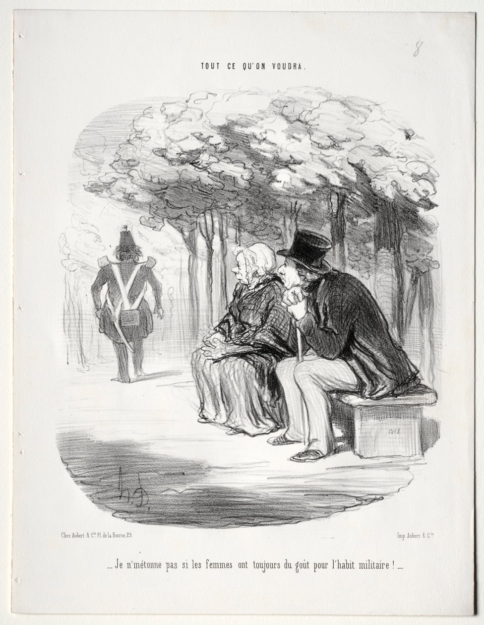 Was du willst, Tafel 51: Es wundert mich nicht, dass Frauen immer die Militäruniform mögen, 1848 von Honoré Daumier