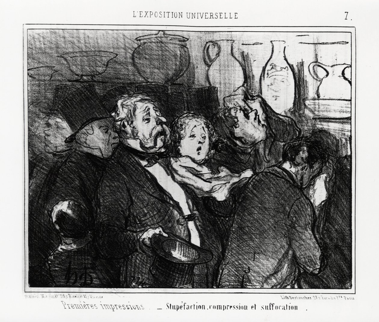 Weltausstellung: erste Eindrücke: Verblüffung, Kompression und Erstickung. Illustration von Honore Daumier (1808-1879), veröffentlicht in den Nachrichten, „Charivari“, datiert 24. Mai 1855 von Honoré Daumier