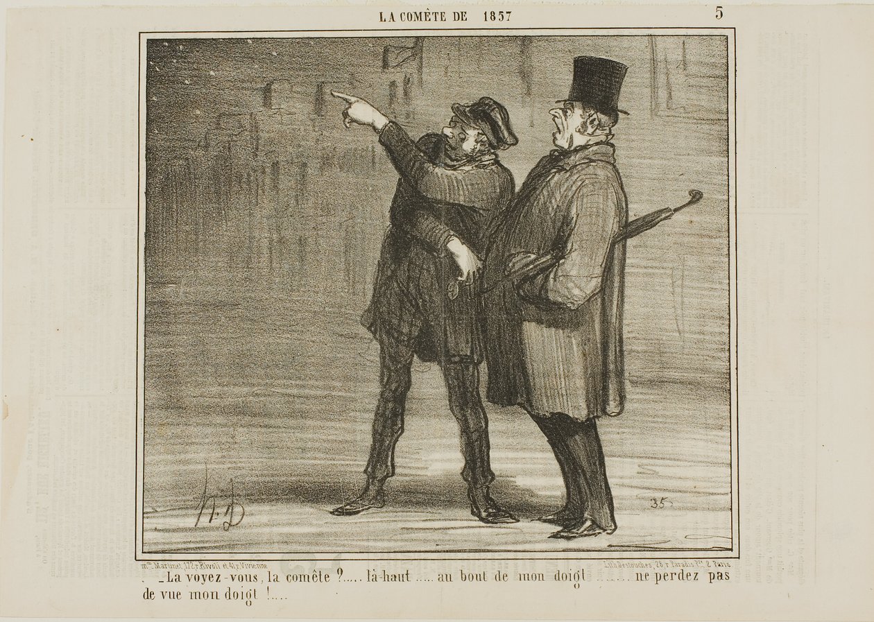 Kannst du den Kometen sehen?... genau dort, an der Spitze meines Fingers ... verliere die Fingerspitze nicht aus den Augen!, Platte 5 aus La Comète De 1857 von Honoré Victorin Daumier