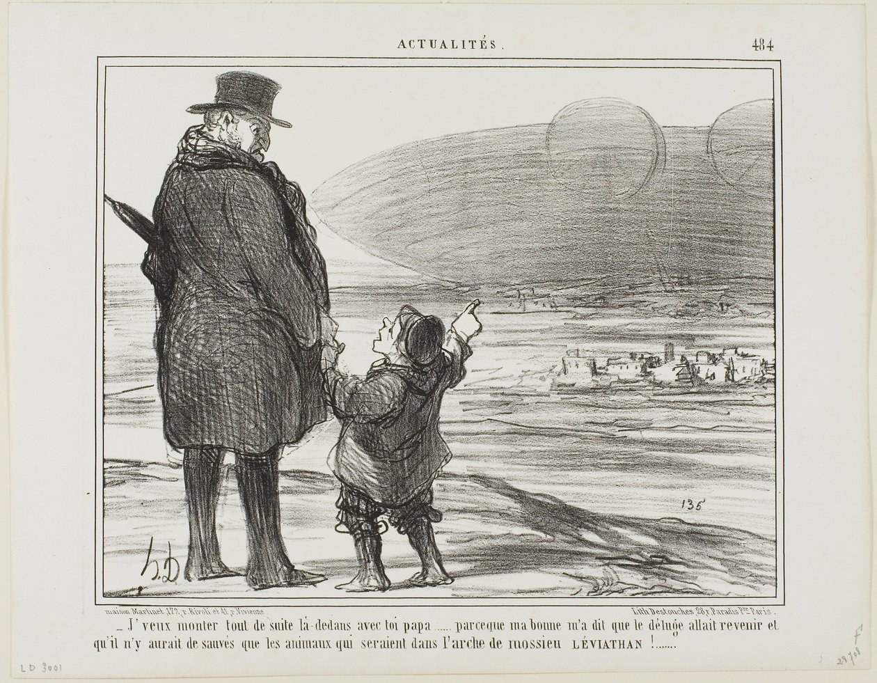 „- Ich möchte sofort mit dir auf dieses Schiff gehen, Papa, meine Nanny sagte, dass die Sintflut wiederkommen wird, und die einzigen, die gerettet werden, werden die Tiere auf der Arche von Herrn Leviathan sein!“, Tafel 484 aus Actualités von Honoré Victorin Daumier