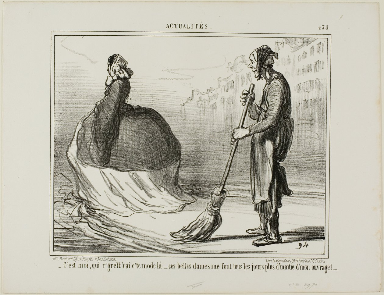„- Ich würde es bedauern, wenn dieser Modestil eines Tages aus der Mode käme... diese Damen erledigen die Hälfte meiner Arbeit!“, Platte 438 aus Actualités von Honoré Victorin Daumier