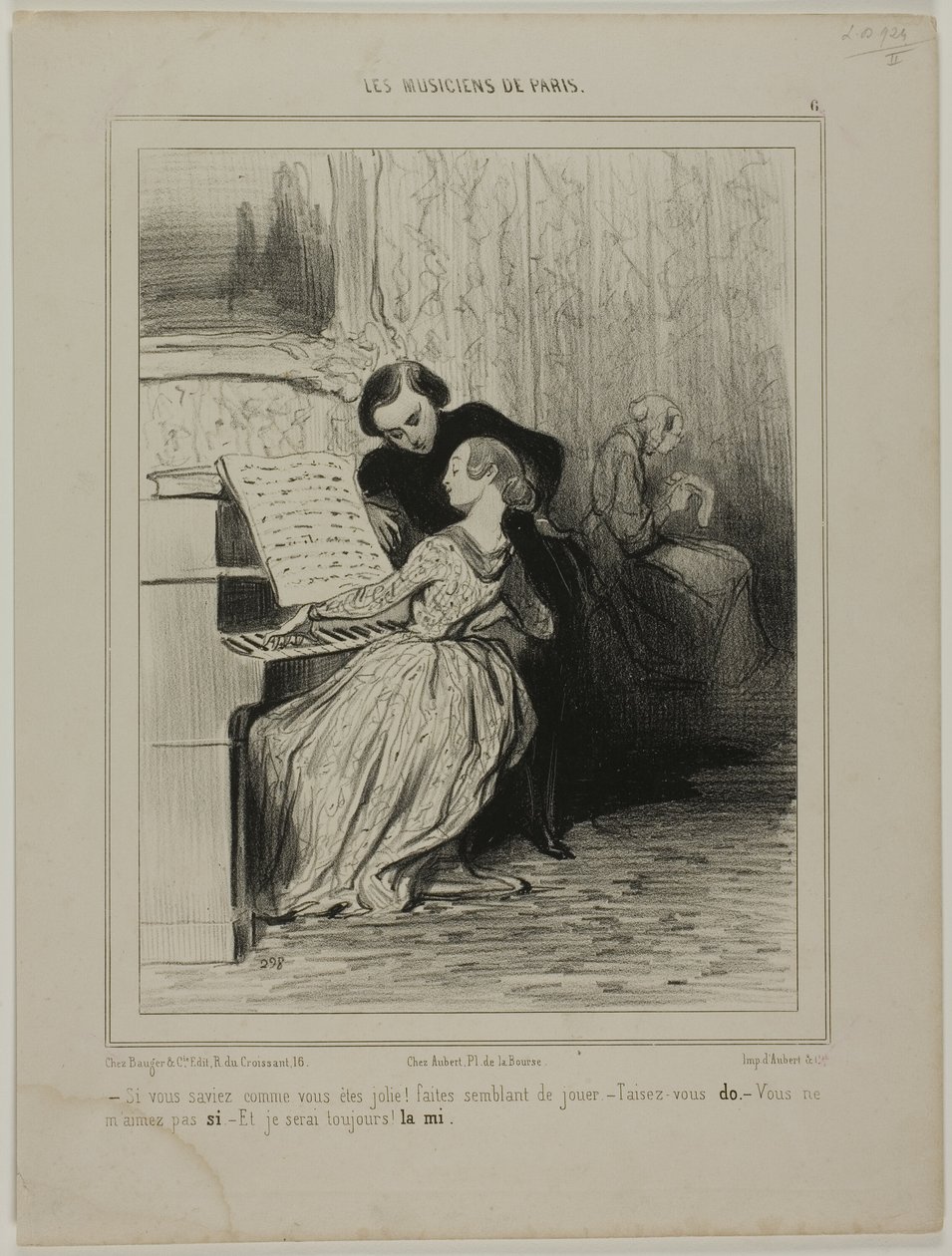 „- Wenn du nur wüsstest, wie hübsch du bist!... Tu so, als ob du spielst! - Hör auf.. DO - Du liebst mich nicht!...SO - Ich werde immer dein sein. ... MI,“ Platte 6 aus Les Musiciens De Paris von Honoré Victorin Daumier