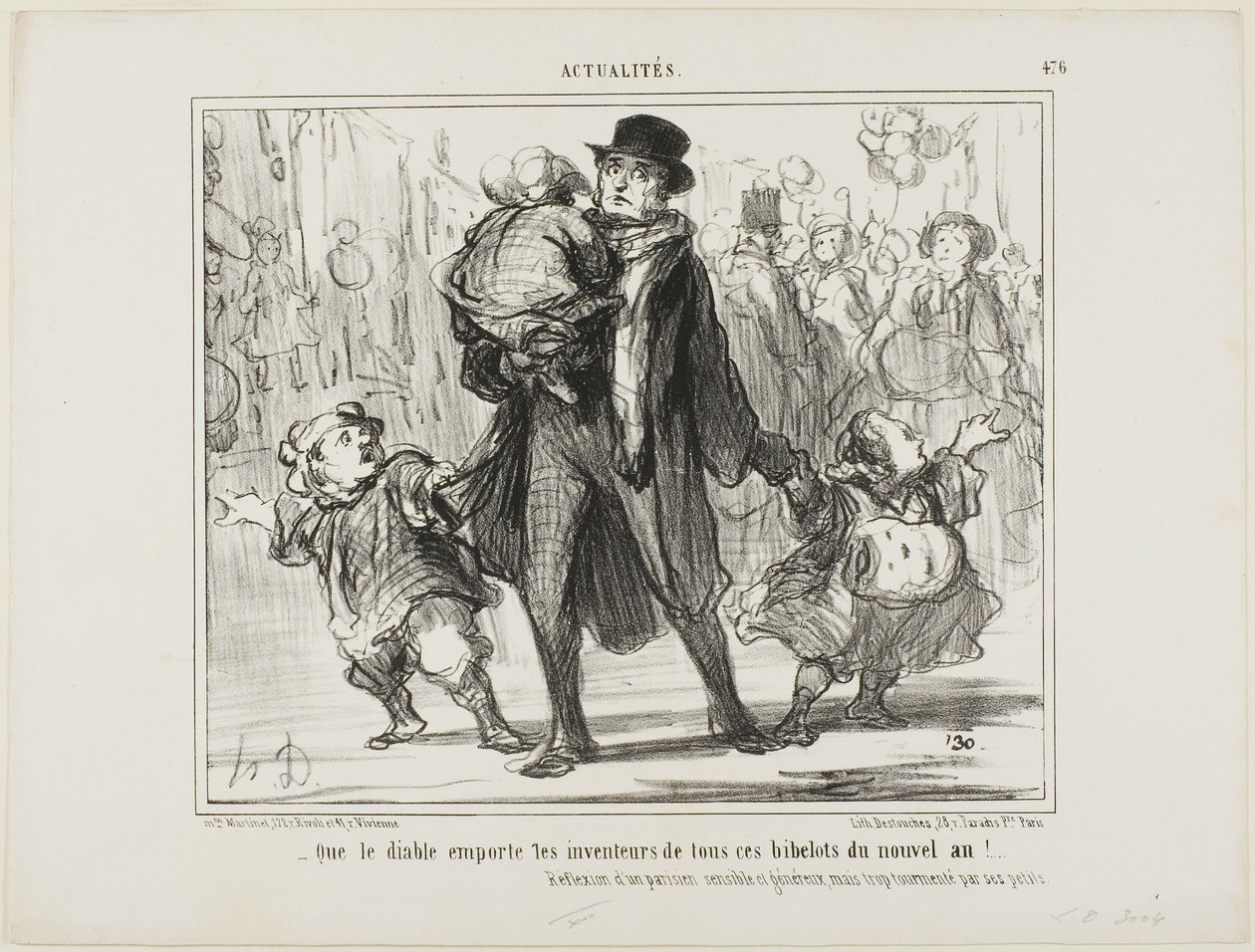 „- Möge der Teufel den Erfinder all dieser Neujahrsgeschenke holen!“ Reflexion eines sensiblen, großzügigen, aber gequälten Pariser Vaters, Platte 476 aus Actualités von Honoré Victorin Daumier