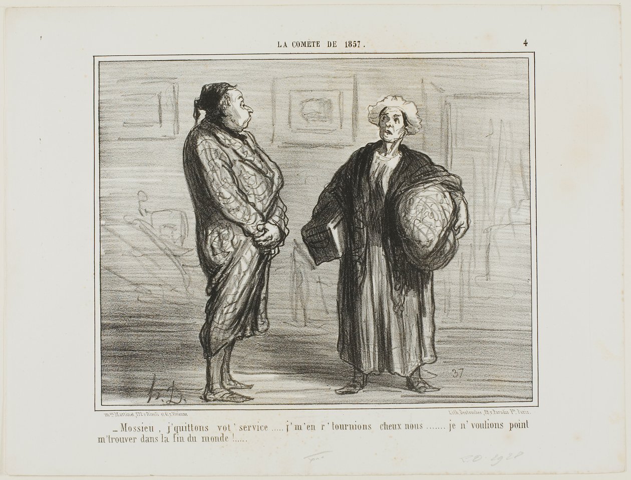 „- Monsieur, ich kündige Ihren Dienst, ich gehe nach Hause... Ich möchte nicht hier sein, wenn die Welt endet,“ Platte 4 aus La Comète De 1857 von Honoré Victorin Daumier