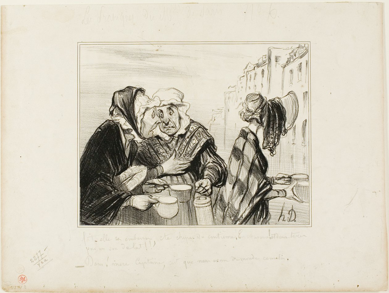 „- Was für ein Aufhebens macht dieses sauertöpfische Gesicht aus dem fünften Stock! Einen Hut tragen, nur um zwei Tassen Milch für einen Sou zu kaufen! - Oh, Madame Capitaine, heute sind wir aber schick...,“ Platte 36 Typen Parisiens von Honoré Victorin Daumier