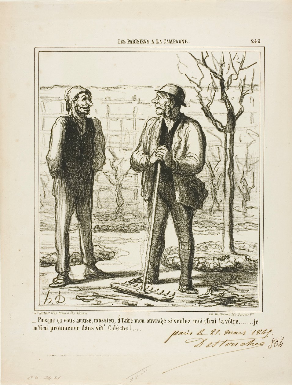 "- Sie scheinen meine Arbeit gerne zu machen. Im Gegenzug könnte ich anbieten, Ihren Job zu machen: Ich werde in Ihrer Kutsche fahren!", Platte 249 aus Les Parisiens A La Campagne von Honoré Victorin Daumier
