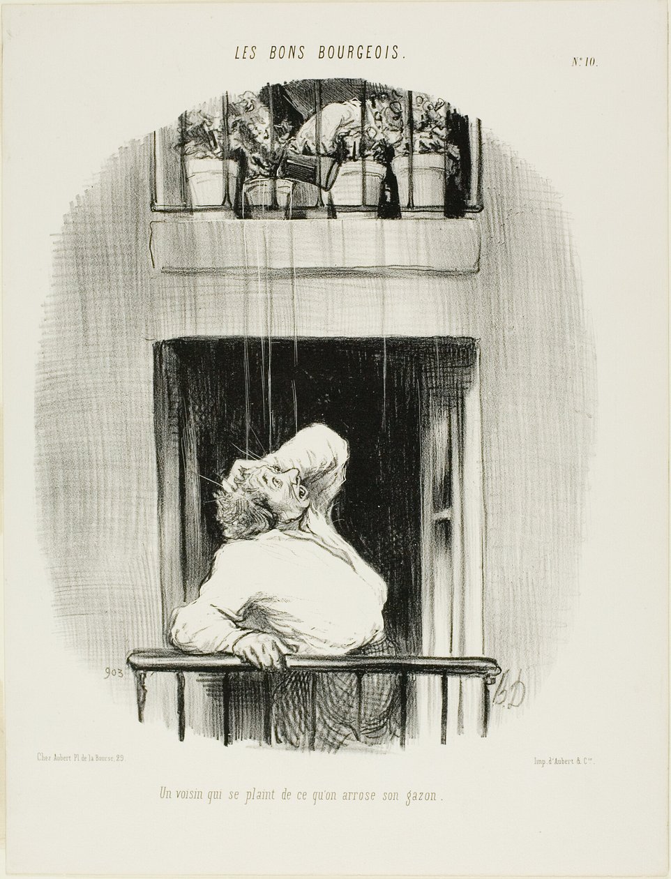 Ein Nachbar beschwert sich über das Bewässern seines Rasens, Platte zehn aus Les Bons Bourgeois von Honoré Victorin Daumier