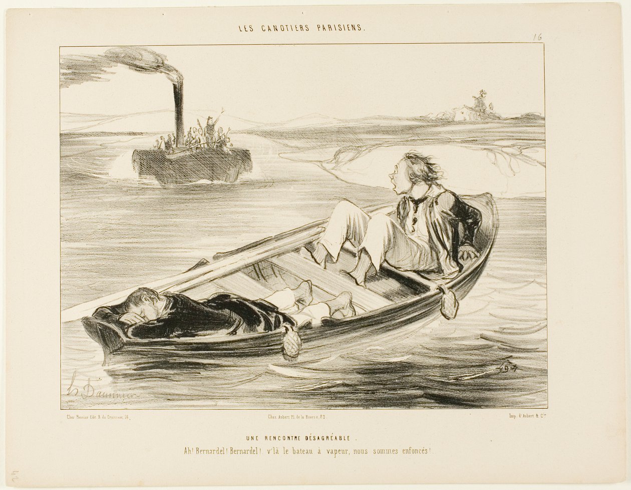 Eine unangenehme Begegnung. „Bernardel, Bernardel! Hier kommt der Dampfer... wir werden sinken!“, Platte 16 aus Les Canotiers Parisiens von Honoré Victorin Daumier