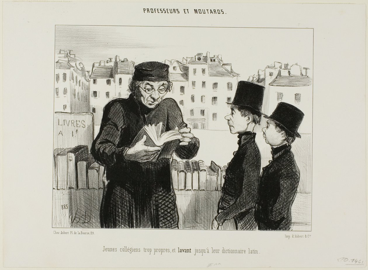 Saubere junge Gymnasiasten, sie versuchen sogar, ihr Lateinwörterbuch zu verkaufen, Tafel 24 aus Professeurs et Moutards (Professoren und Schlingel) von Honoré Victorin Daumier
