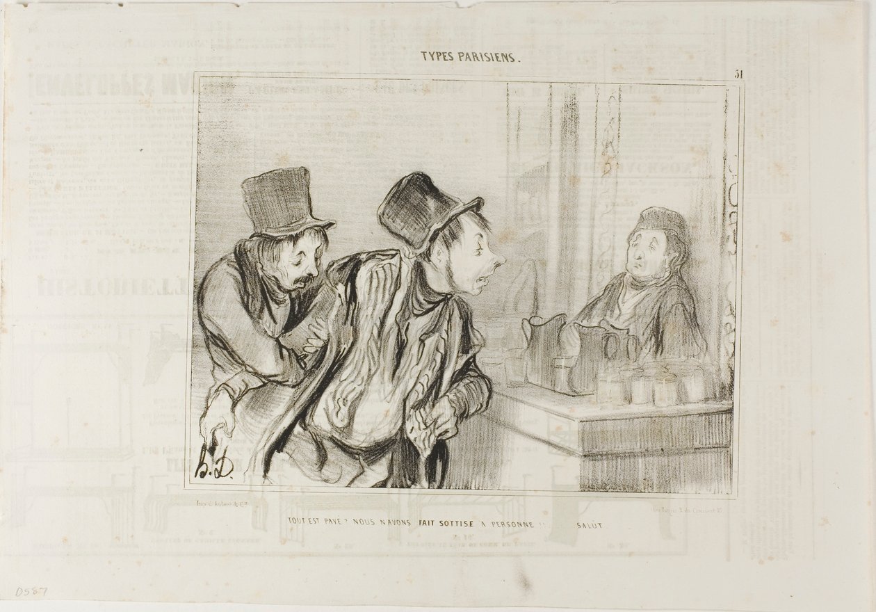 „Alles ist bezahlt? Und wir haben niemanden beleidigt… Tschüss,“ Platte 31 aus Pariser Typen von Honoré Victorin Daumier