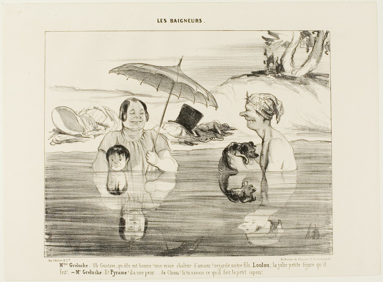Madame Greluche: „Oh, Gustave, wie schön! Eine echte wohltuende Wärme! Schau dir unseren Sohn Loulou an; das süße Gesicht, das er macht!“ Herr Greluche: „Und Pyramus, er hat Angst, Angst wie ein Hund. Wenn du nur wüsstest, was er gerade macht, der kleine S von Honoré Victorin Daumier