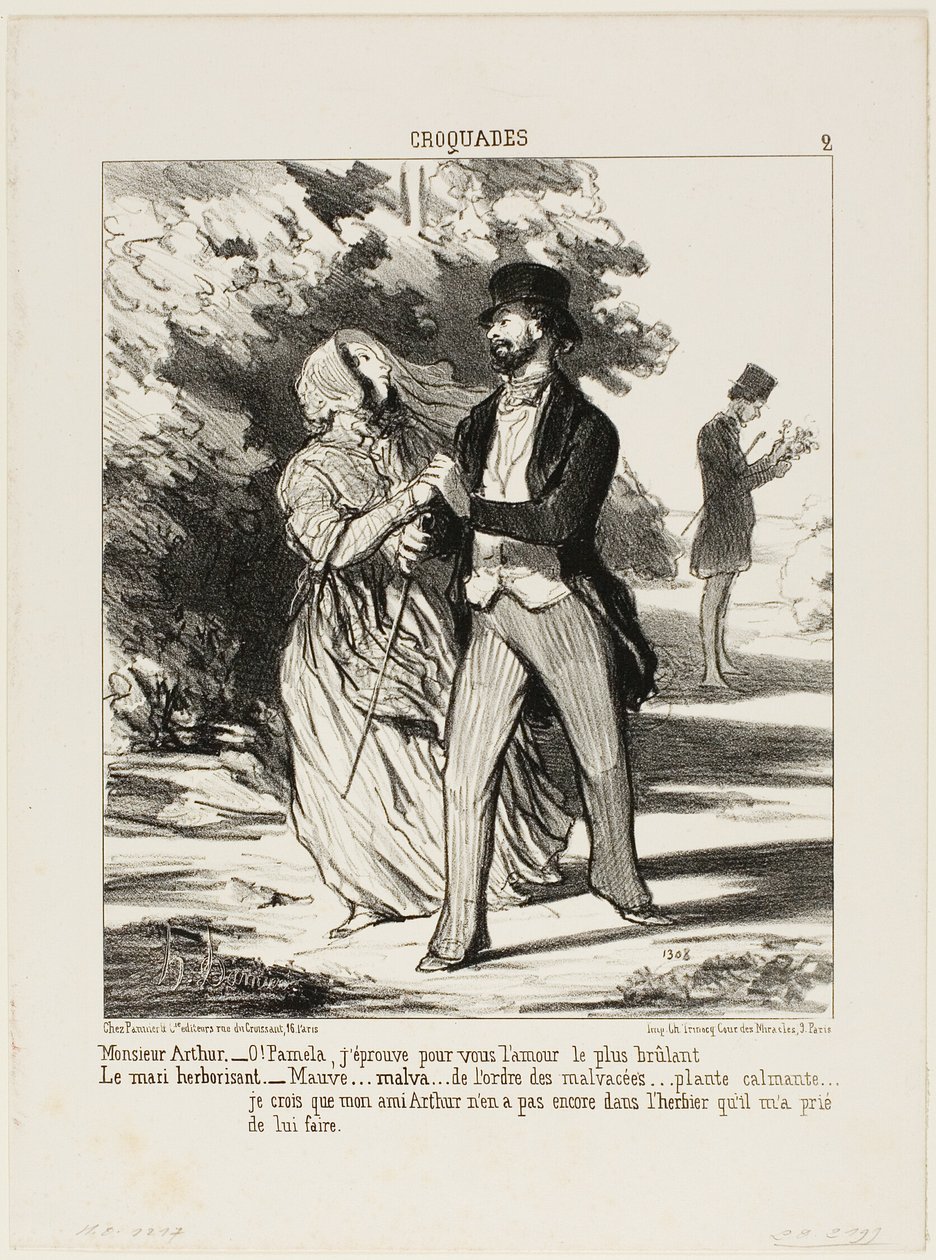 Monsieur Arthur: „- Oh Pamela! Ich brenne vor Liebe zu dir!“ Der Ehemann Kräuterhändler: „- Eine Malve... aus der Familie der Malvaceae... ein Beruhigungsmittel... Ich glaube nicht, dass mein Freund Arthur dieses Exemplar im Herbarium hat, das er mich gebe von Honoré Victorin Daumier