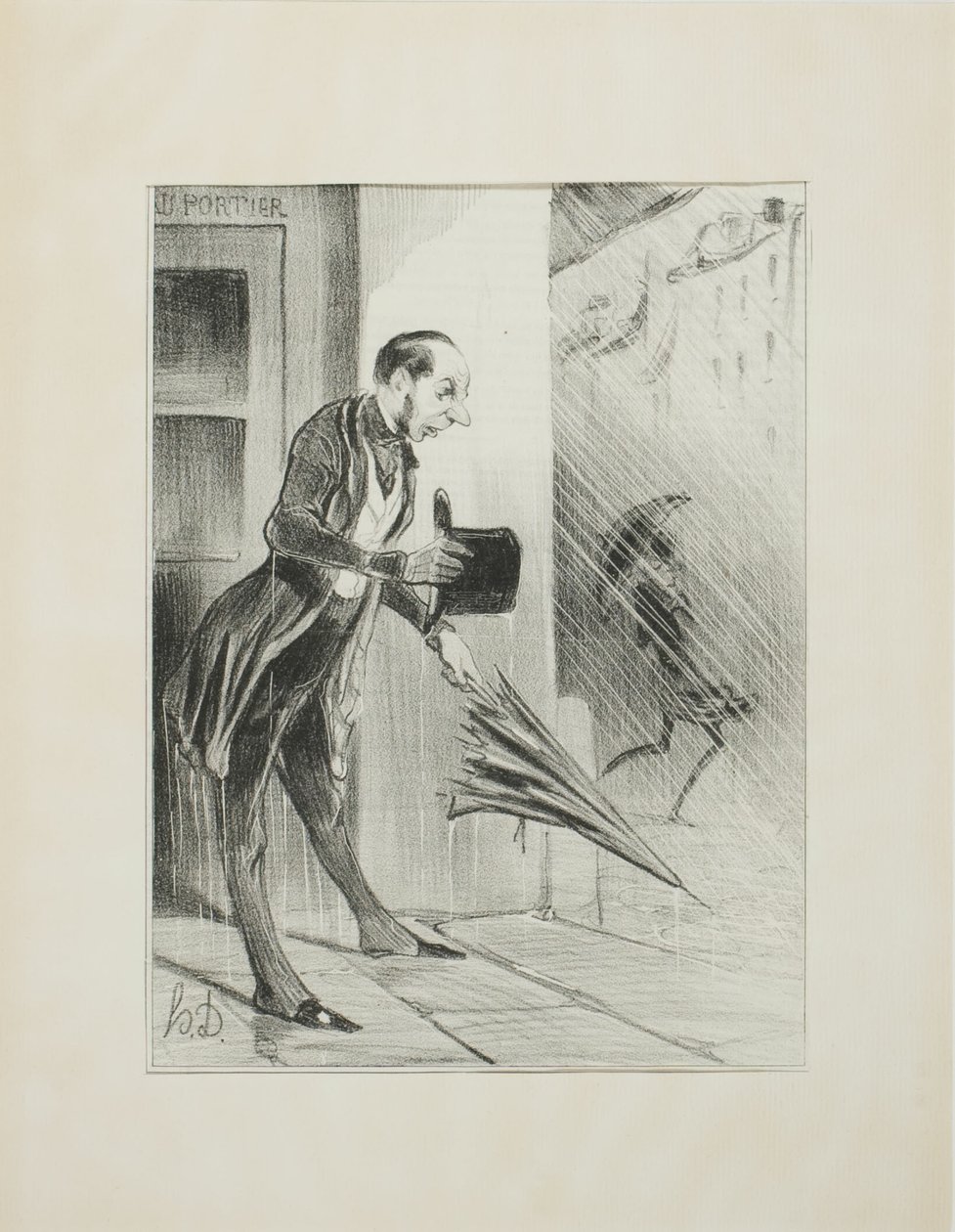 Neuer patentierter Regenschirm mit verbessertem Federsystem, um sich bei der geringsten Berührung schnell zu öffnen (siehe unsere Anzeige zu diesem Thema), Platte 33 aus "Émotions Parisiennes" von Honoré Victorin Daumier