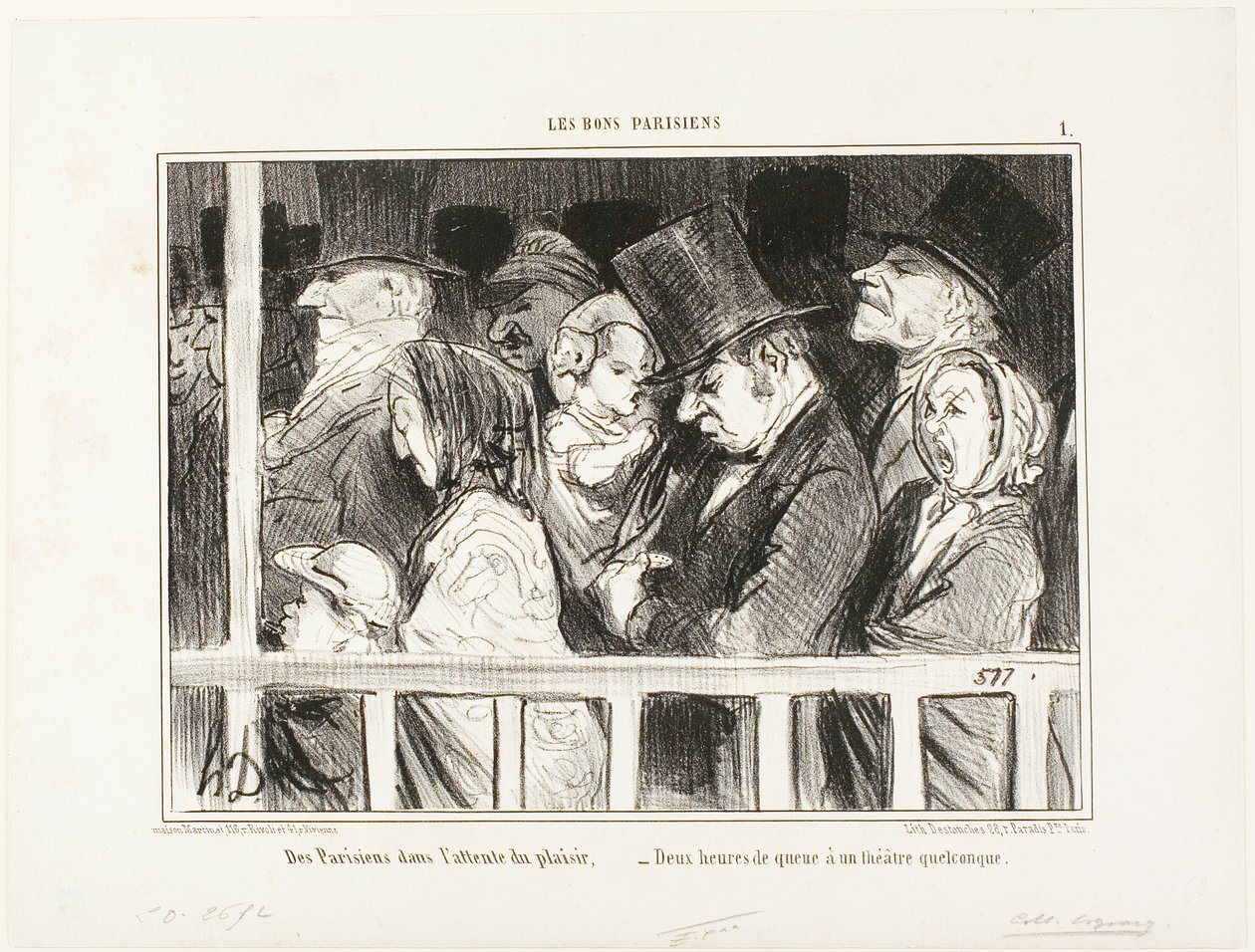 Pariser freuen sich auf etwas Spaß. Zwei Stunden vor jedem Theater der Stadt anstehen, Platte 1 aus Les Bons Parisiens von Honoré Victorin Daumier