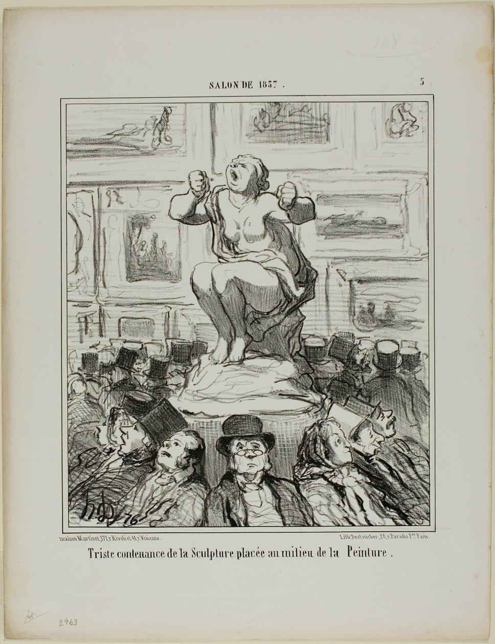 Der Unmut über eine Skulptur inmitten einer Gemäldeausstellung, Platte 5 aus Salon De 1857 von Honoré Victorin Daumier