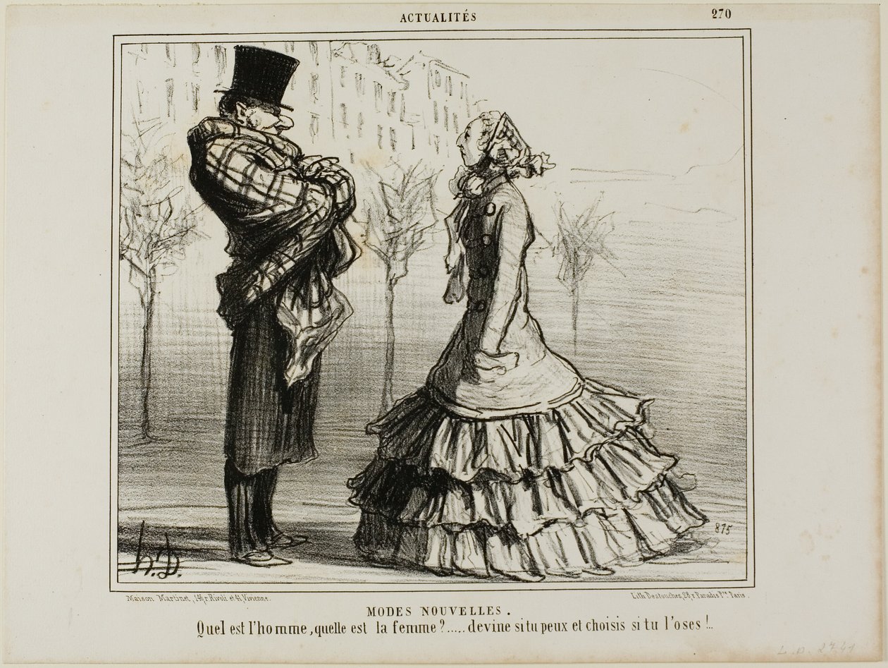 Die neue Mode. Wer ist der Mann, wer ist die Frau?... raten Sie, wenn Sie können, und wählen Sie, wenn Sie sich trauen, Platte 270 aus Actualités von Honoré Victorin Daumier