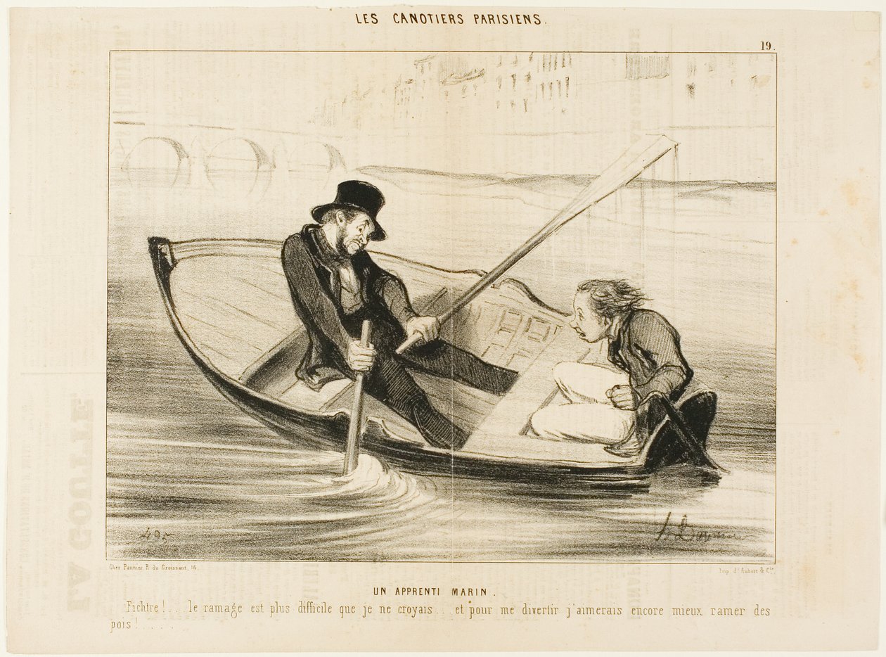 Der Novizenmatrose. „Teufel... Rudern ist viel schwieriger, als ich dachte! Und um mich wirklich zu amüsieren, würde ich lieber Erbsen stecken.“, Platte 19 aus Les Canotiers Parisiens von Honoré Victorin Daumier