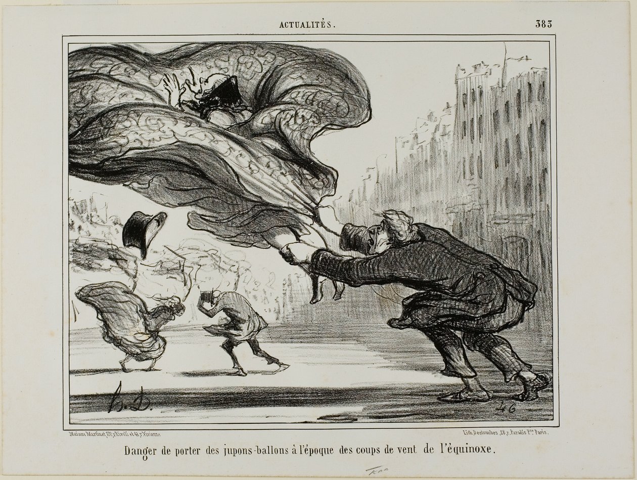 Die Gefahr des Tragens von Reifröcken während eines plötzlichen Frühlingssturms, Platte 26 aus La Crinolomanie von Honoré Victorin Daumier