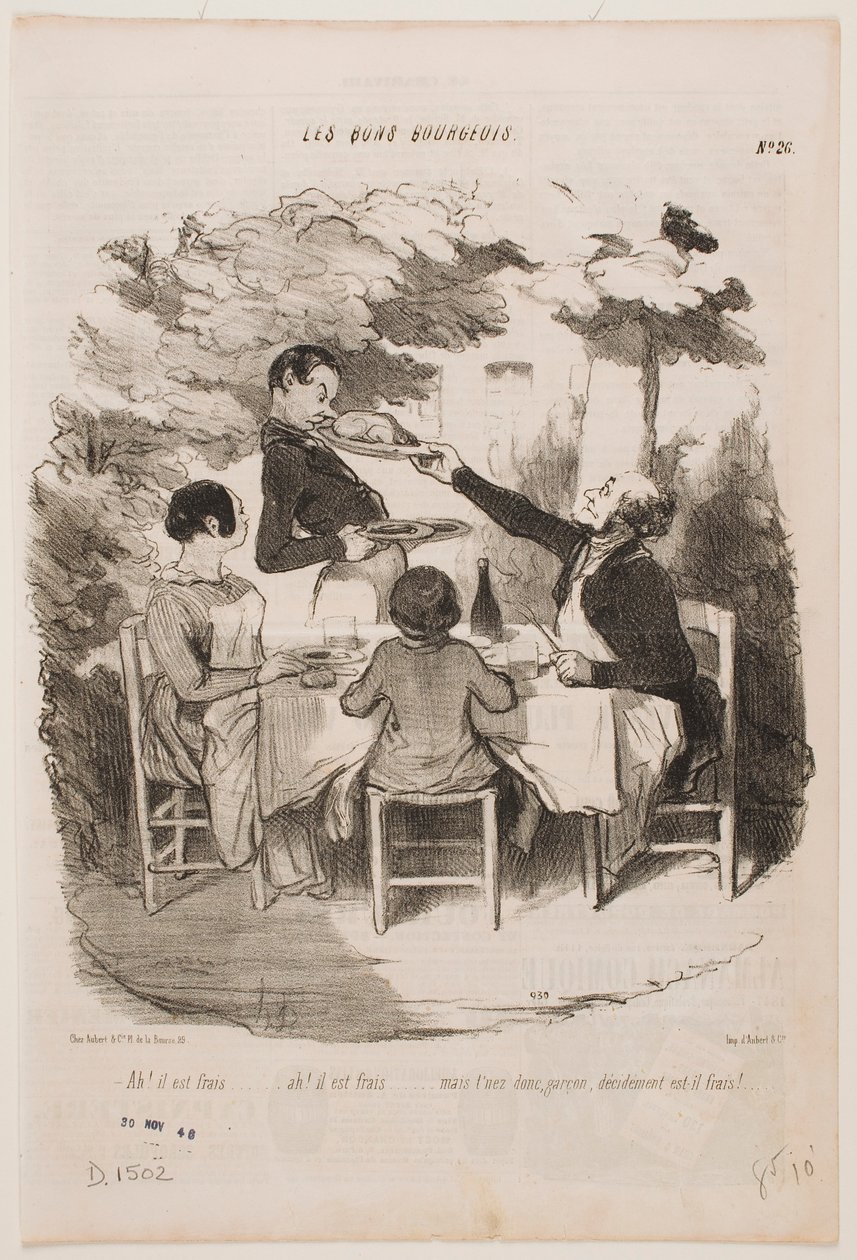 Ah, er ist frisch, er ist frisch! ... Riechen Sie selbst daran, Kellner, und Sie sagen, er sei frisch? ... von Honoré Daumier