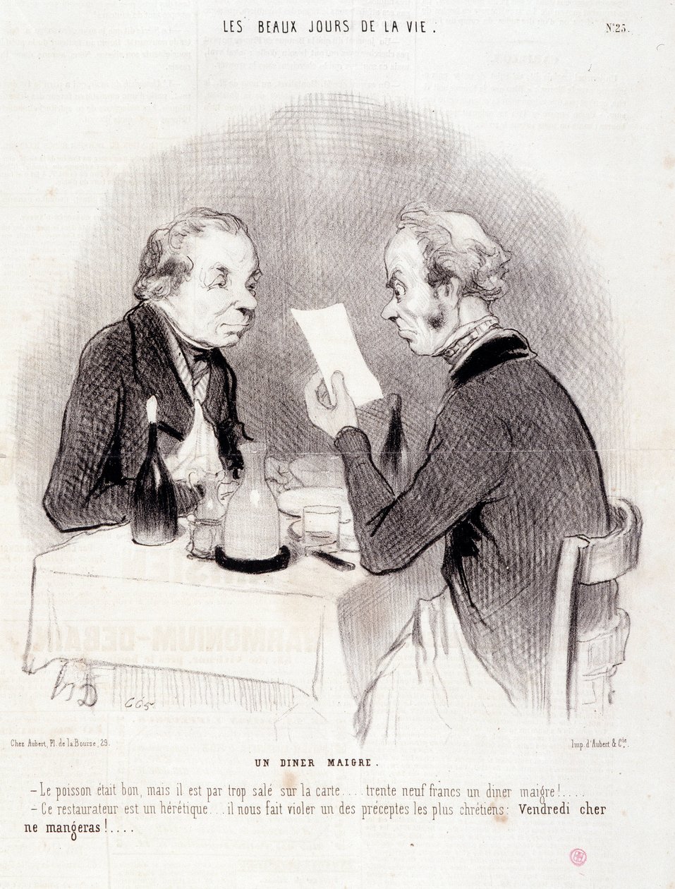 Karikatur über das teure Leben. Serie „Die schönen Tage des Lebens“: Ein mageres Abendessen... von Honoré Daumier