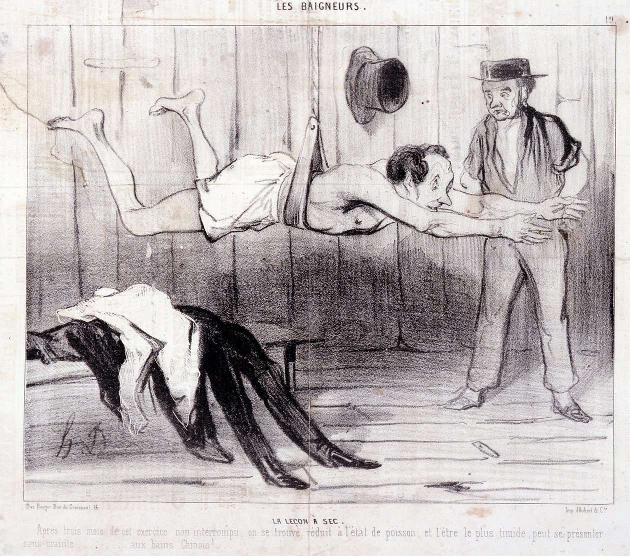 Karikatur über Touristen im Urlaub. Serie „Les Baigneurs“: „Die Lektion eines Trockenen“. Gravur von Honoré Daumier (1808-1879). Auszug aus der Zeitung „Le Charivari“. von Honoré Daumier