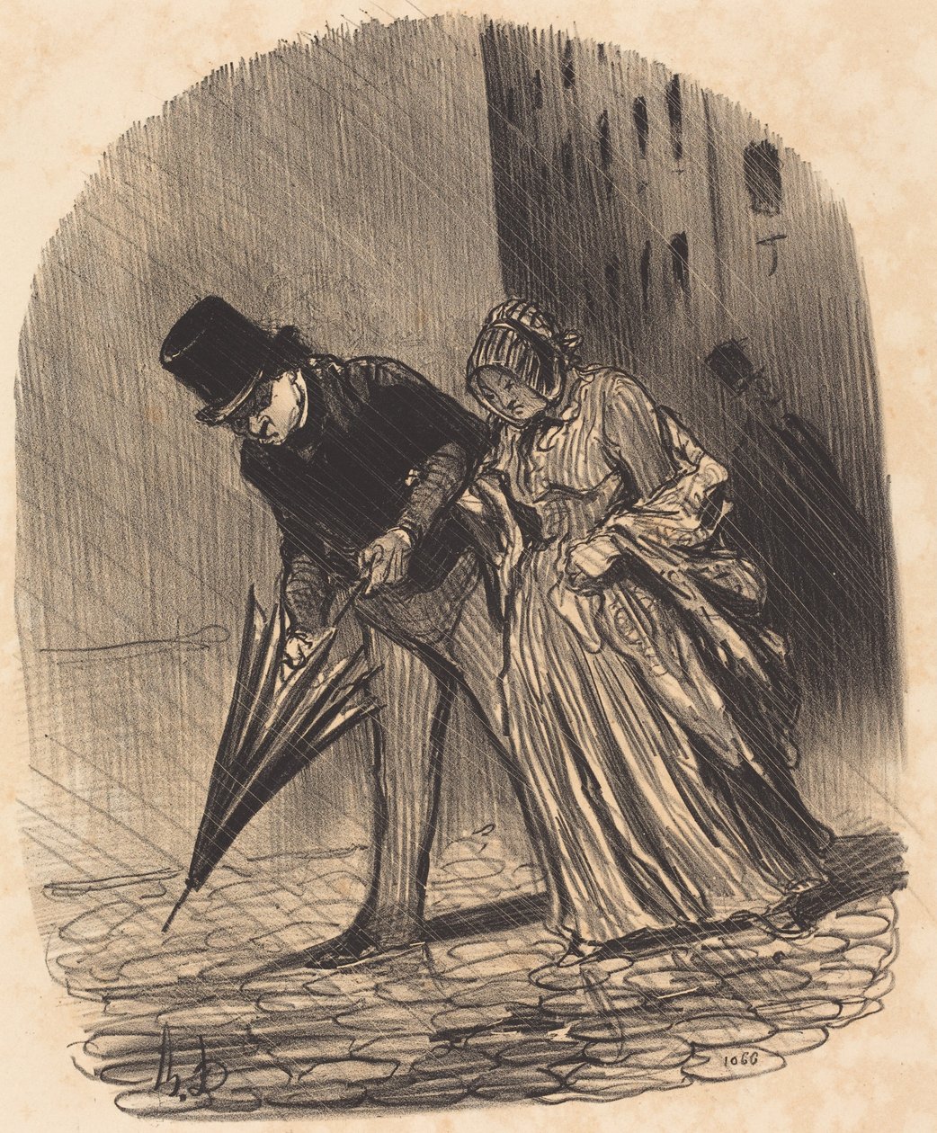 Nachteil eines Regenschirms mit zu komplizierten Federn von Honoré Daumier