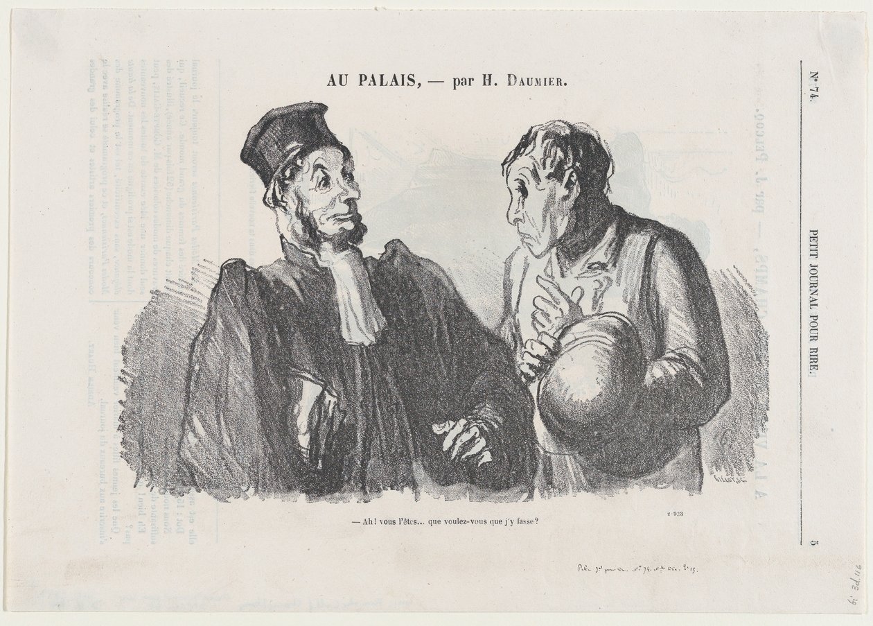 Oh, Sie sind also ... (schuldig), und was soll ich Ihrer Meinung nach dagegen tun?, aus „Vor Gericht“, veröffentlicht in Le Petit Journal pour Rire, 3. März 1866 von Honoré Daumier