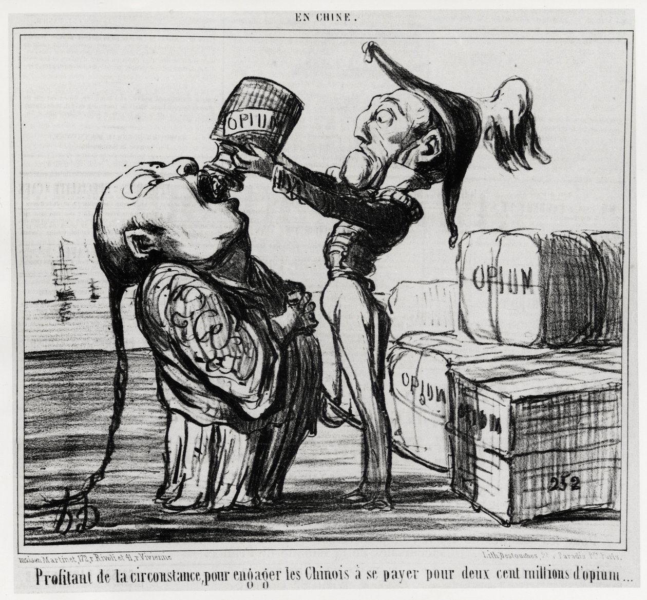 Zweiter Opiumkrieg (1856-1860): Im Jahr 1858 stimmte die chinesische Regierung zu, den Handel mit Opium zu legalisieren. „Die Gelegenheit nutzen, um die Chinesen zu verpflichten, zweihundert Millionen Opium zu bezahlen“, in der Serie En Chine, Illustration von Honoré Daumier