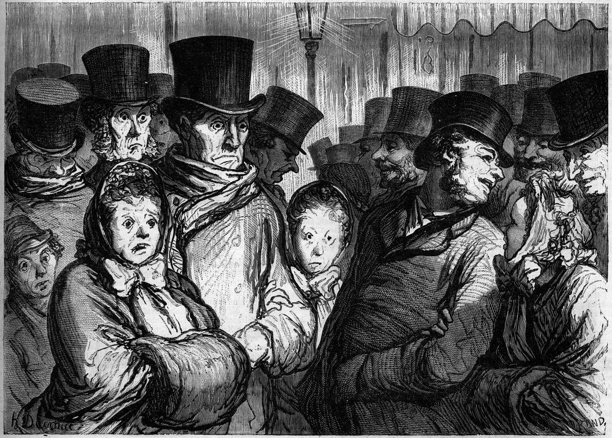 Boulevard du Temple um Mitternacht. Links, Menschen, die aus dem Drama kommen. Rechts, Menschen, die die Funambules verlassen. Karikatur von Honore Daumier (1808-1879). Gravur in „Le Monde Illustré“ Nr. 254 vom 22. Februar von Honoré Daumier