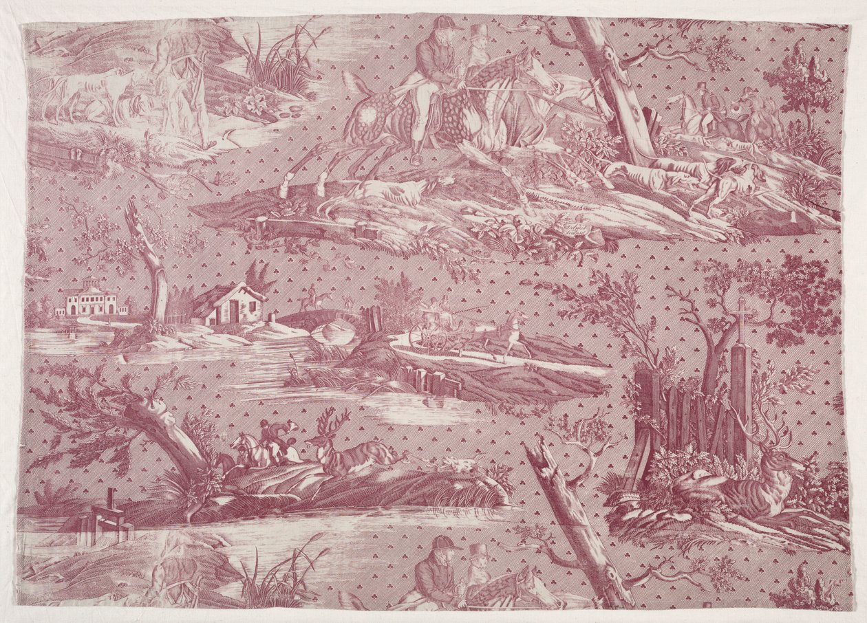 Fragment eines Kupferplatten bedruckten Baumwollstoffs mit Jagdszenen-Design, ca. 1815 von Emile Jean Horace Vernet