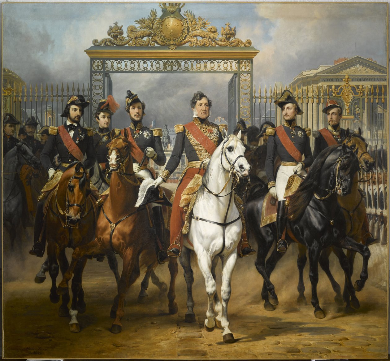König Louis-Philippe umgeben von seinen fünf Söhnen, die durch das Ehrentor des Schlosses von Versailles nach einer Militärparade in den Höfen am 10. Juni 1837 hinausgehen. von Horace Vernet