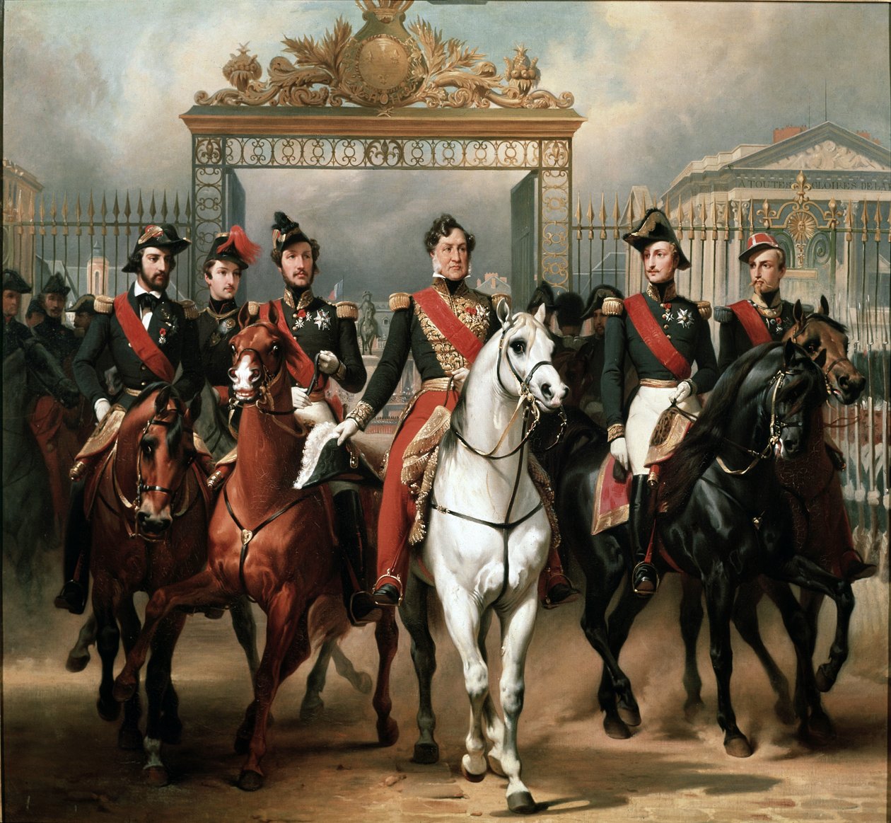 König Louis-Philippe umgeben von seinen fünf Söhnen, die nach einer Militärparade durch das Ehrentor des Schlosses von Versailles gehen von Emile Jean Horace Vernet