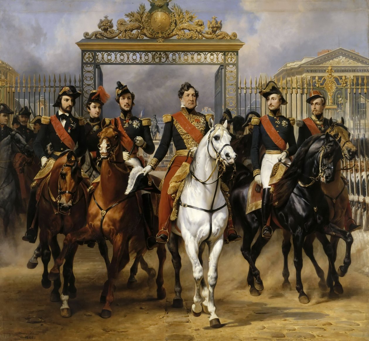 Louis Philippe und seine Söhne zu Pferd beim Verlassen von Versailles, 10. Juni 1837 von Emile Jean Horace Vernet