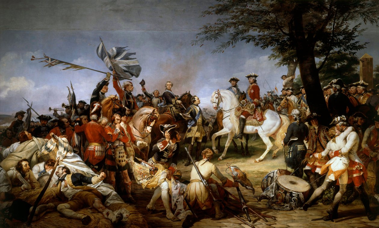 Krieg um die österreichische Erbfolge (1740-1748): Die Schlacht von Fontenoy 11.05.1745; Marschall von Sachsen präsentiert Ludwig XV. die Gefangenen und die englischen Fahnen (1828) von Emile Jean Horace Vernet