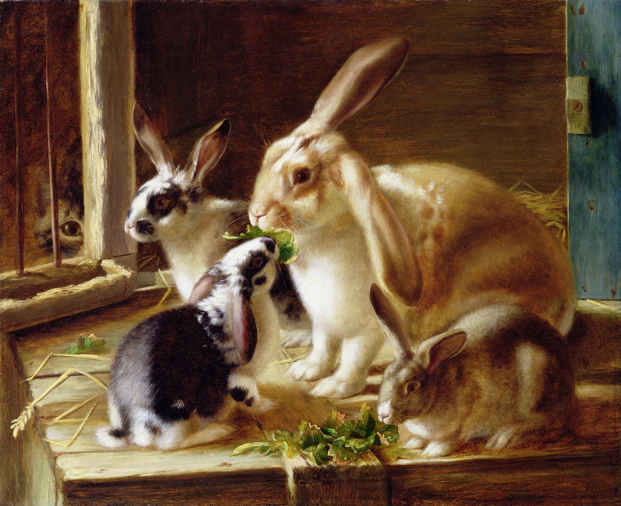 Langohrige Kaninchen in einem Käfig, beobachtet von einer Katze von Horatio Henry Couldery