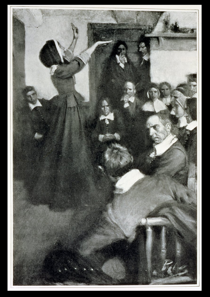 Anne Hutchinson predigt in ihrem Haus in Boston, 1637, Illustration aus 
