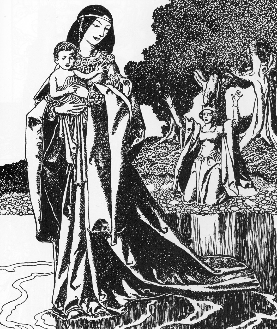 Artussage: Die Dame vom See entführt den jungen Lancelot Illustration von Howard Pyle (1853-1911) aus „The story of the champions of the round table“ 1903 Private Sammlung von Howard Pyle