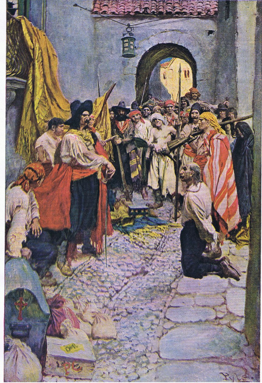 Tribut von den Bürgern erpressen, aus Howard Pyles Buch der Piraten, veröffentlicht von Harper & Bros, 1921 von Howard Pyle