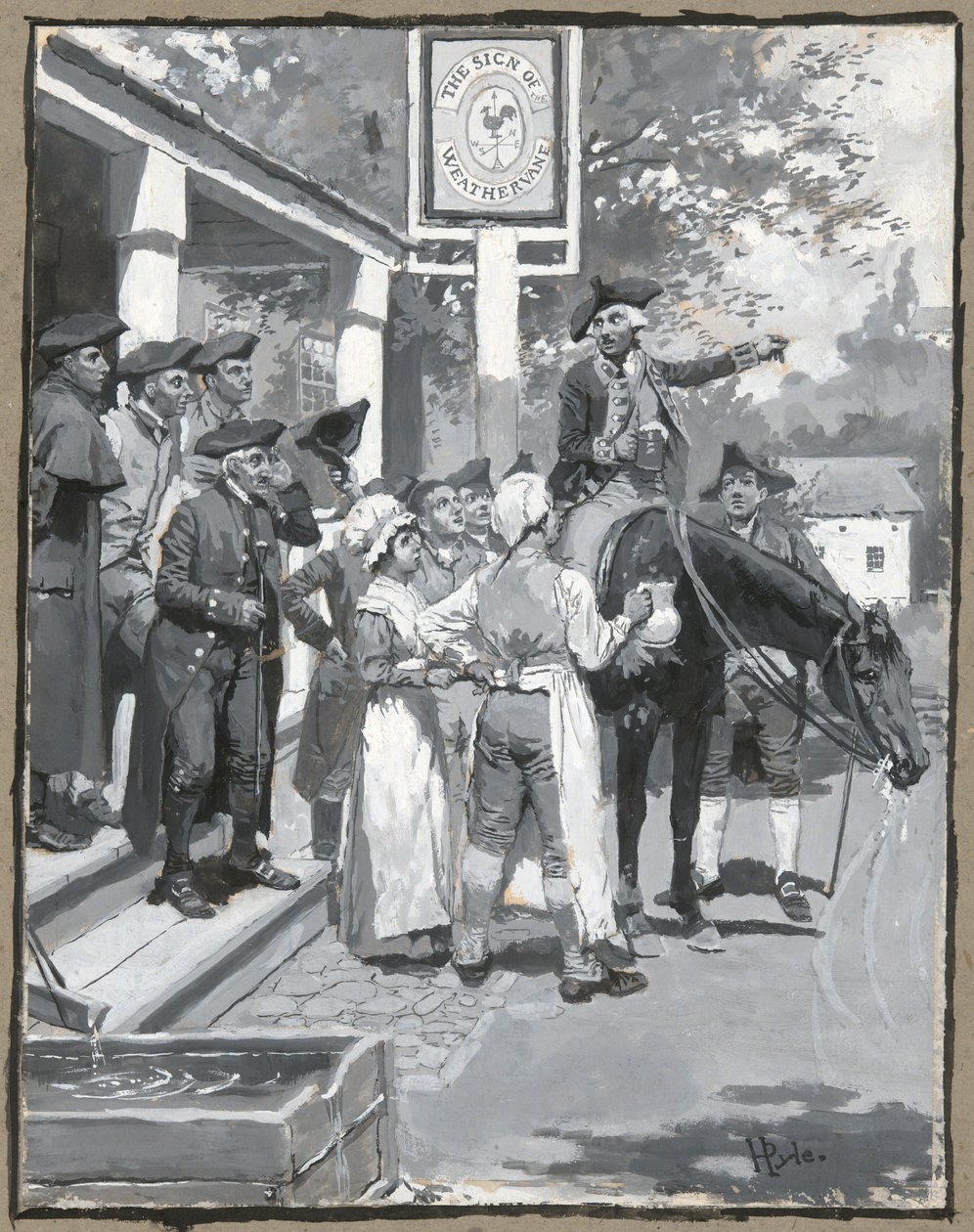 Er hält am Zeichen der Wetterfahne an, Zeichnung der Illustration für das Gedicht von Howard Pyle