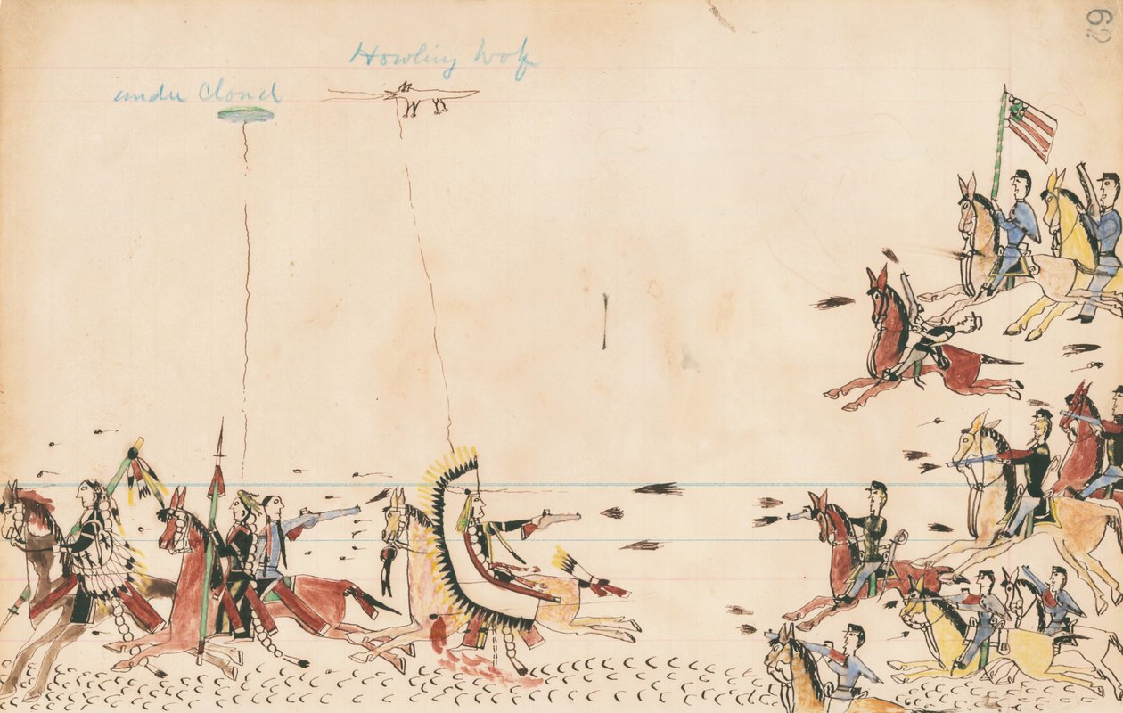 Unter Wolken und Heulender Wolf kämpfen mit Gen. Sully im Jahr 1868, 7. Kavallerie nahe dem heutigen Camp Supply, 1874-75 (Feder, Tinte und Aquarell auf Kontobuchpapier) von Howling Wolf
