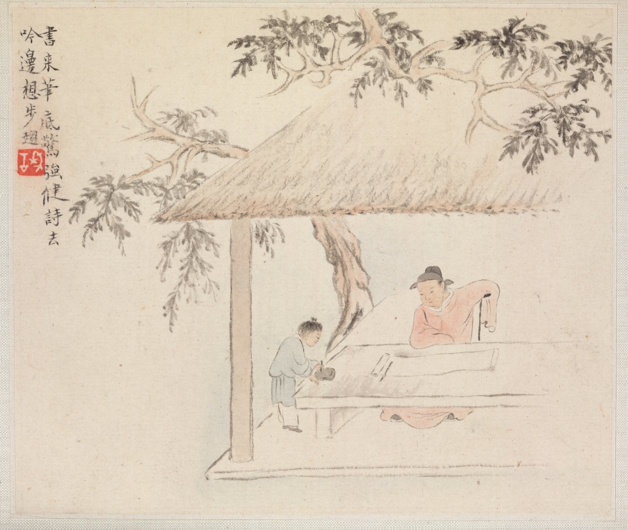 Album von Landschaftsgemälden, die alte Gedichte illustrieren: Ein Mann sitzt an einem Tisch, 1700er Jahre von Hua Yan