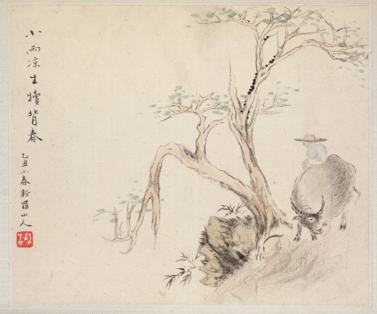 Album mit Landschaftsgemälden, die alte Gedichte illustrieren: Ein Mann sitzt auf einem Wasserbüffel, 1700er von Hua Yan