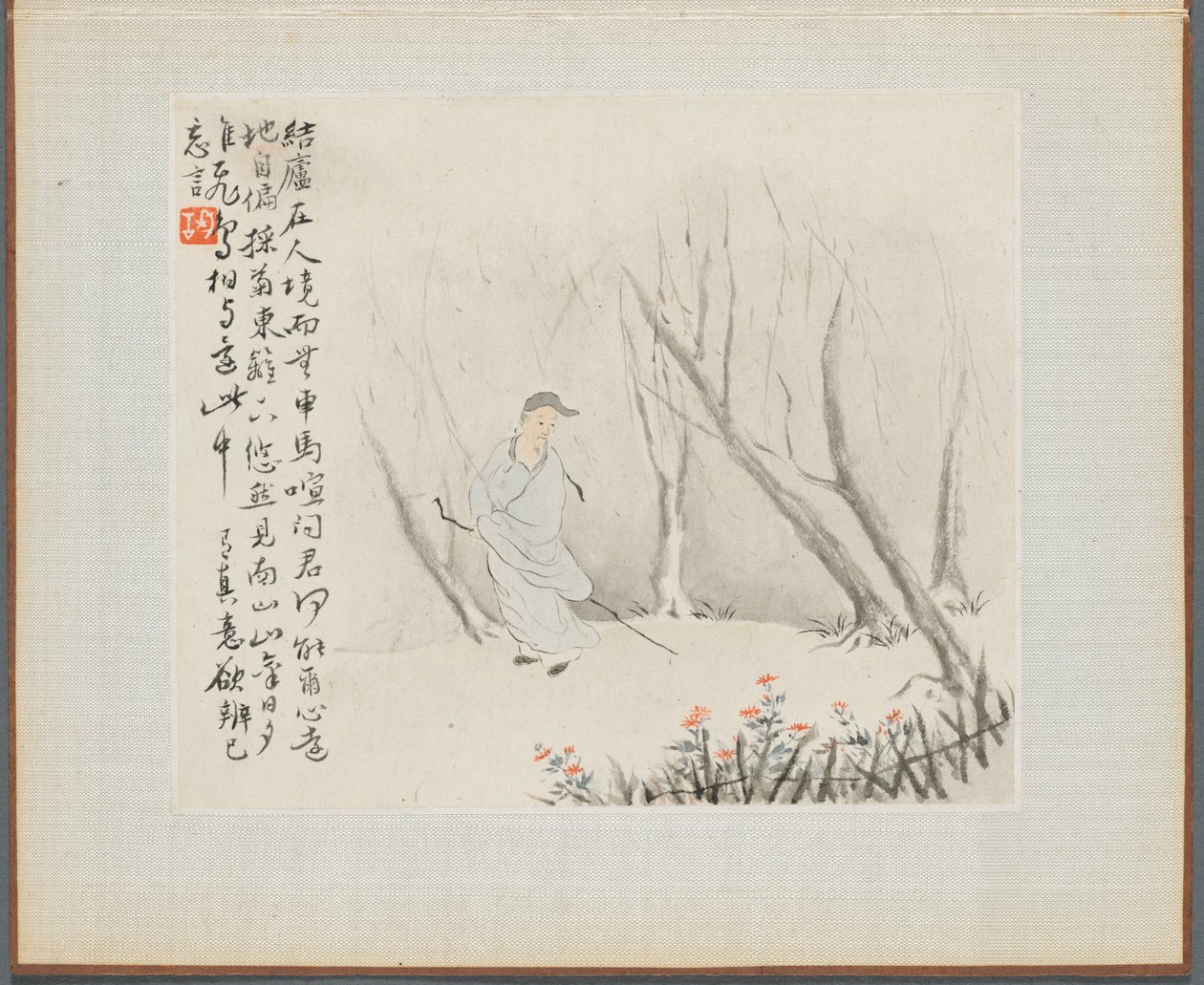 Album mit Landschaftsgemälden, die alte Gedichte illustrieren: Ein alter Mann mit einem Stab, 1700er Jahre von Hua Yan