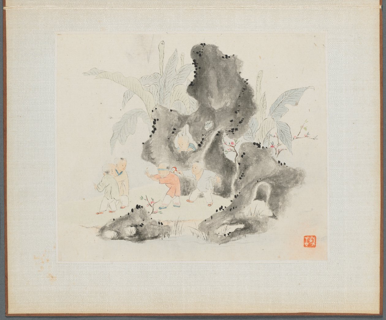 Album von Landschaftsgemälden, die alte Gedichte illustrieren: Kinder spielen in einem felsigen Hain, 1700er von Hua Yan