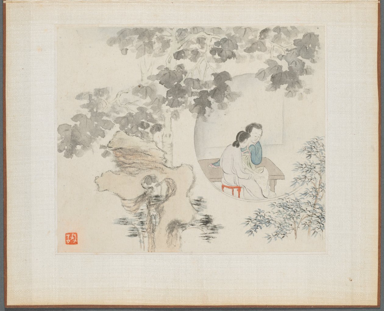 Album von Landschaftsgemälden, die alte Gedichte illustrieren: Zwei Frauen sitzen an einem Tisch..., 1700er Jahre von Hua Yan
