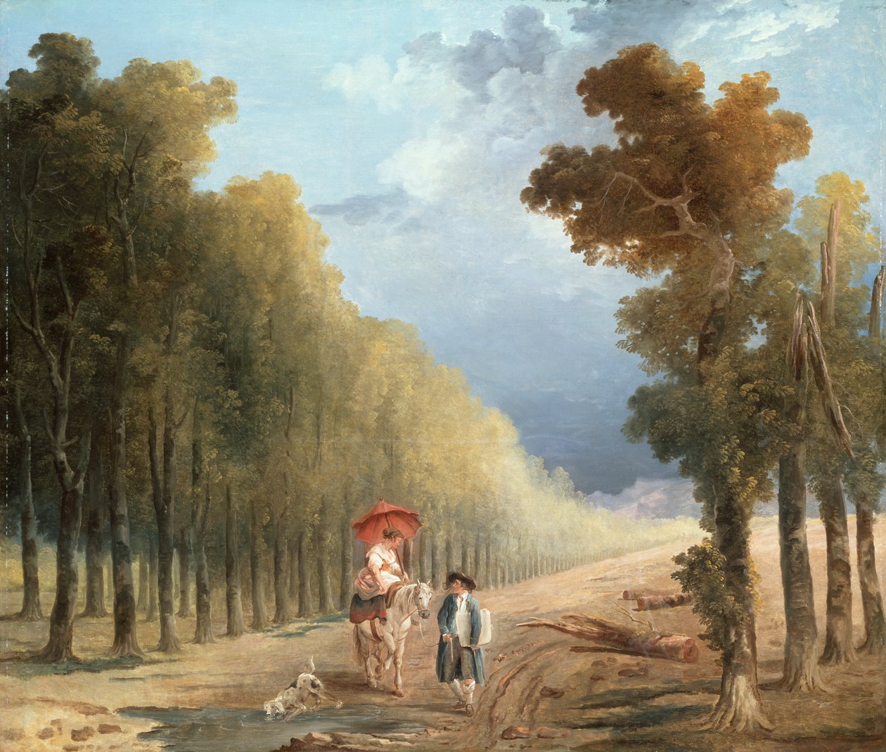 Ein Künstler führt das Pony seines Modells auf einem bewaldeten Pfad von Hubert (studio of) Robert