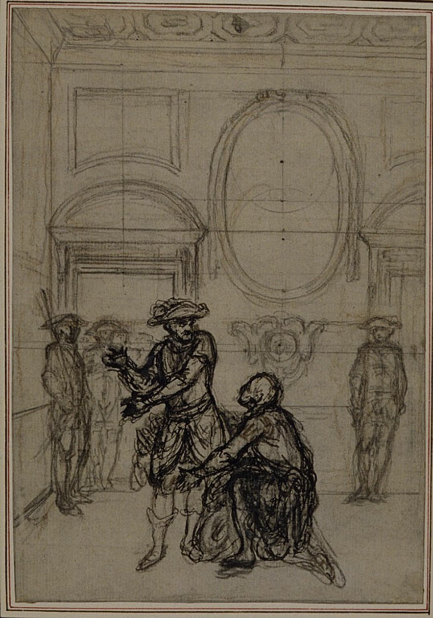 Studie für eine zweite Ausgabe, nie veröffentlicht, von Colles "La Partie de Chasse de Henri IV", Akt I, Szene 6 von Hubert Francois Gravelot