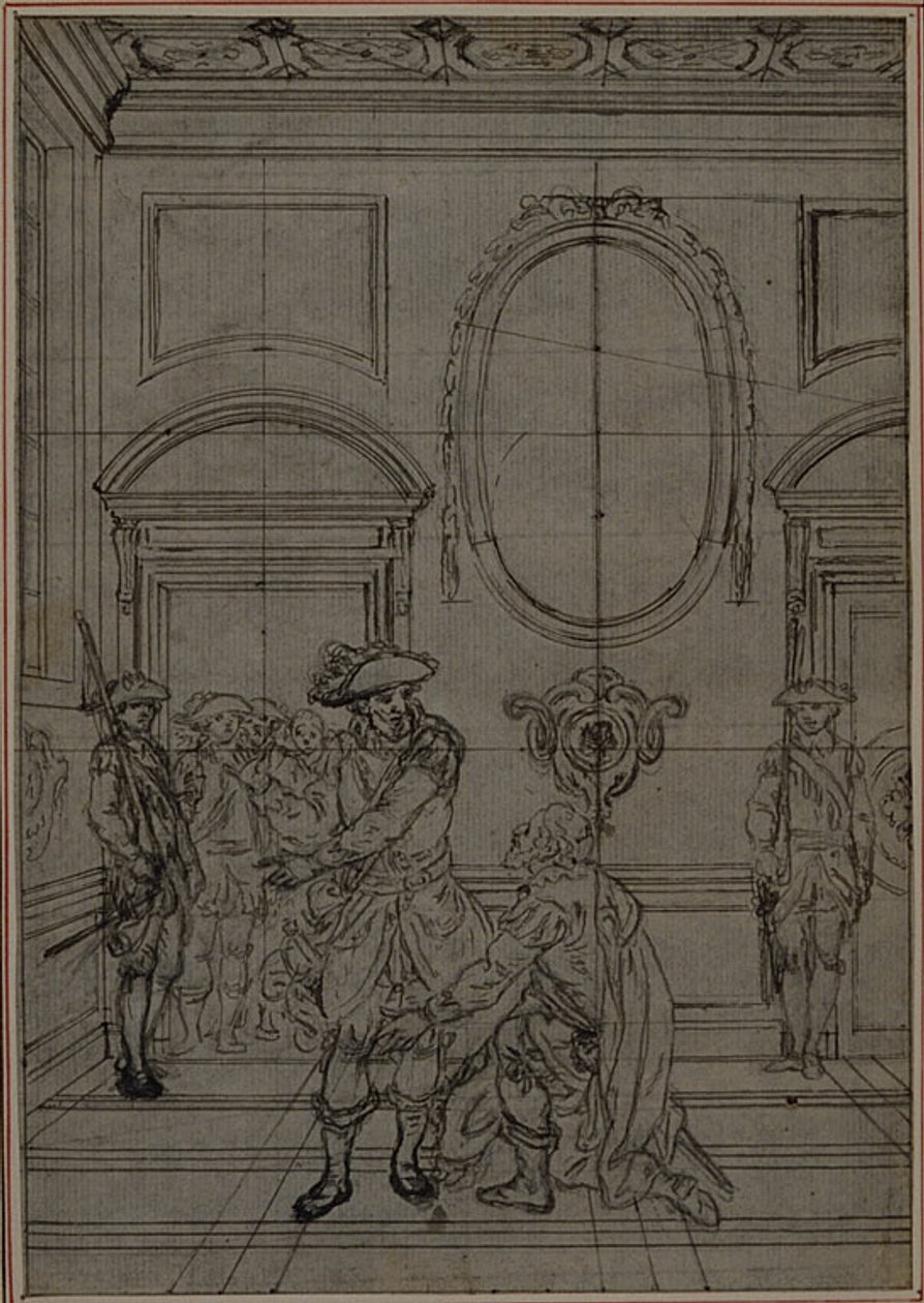 Studie für eine nie veröffentlichte zweite Ausgabe von Colles "La Partie de Chasse de Henri IV", Akt I, Szene 6 von Hubert Francois Gravelot