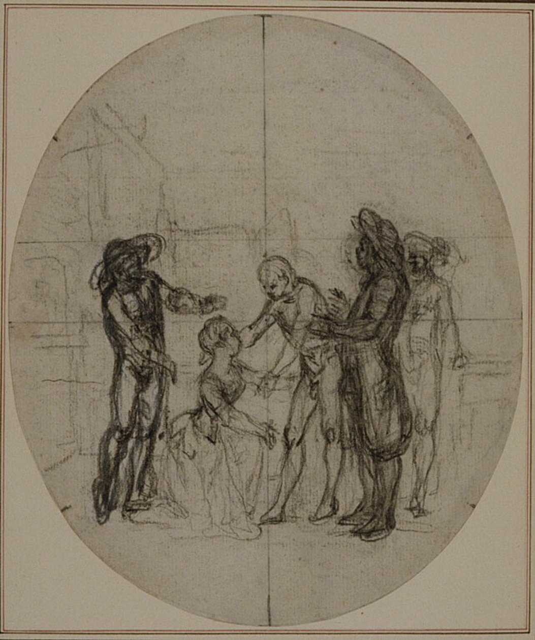 Studie für eine nie veröffentlichte zweite Ausgabe von Colles "La Partie de Chasse de Henri IV", Akt III, Szene 11 von Hubert Francois Gravelot