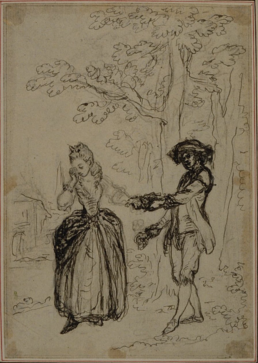 Studie für eine nie veröffentlichte zweite Ausgabe von Colles "La Partie de Chasse de Henri IV", Akt II, Szene 3 von Hubert Francois Gravelot